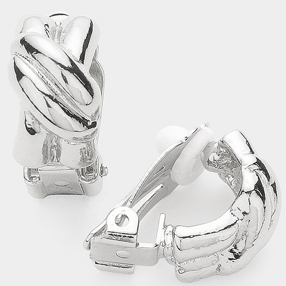 Silver Clip On Hoop Earrings Knot Casual Everyday Circle Textured Metal - Picture 2 of 2